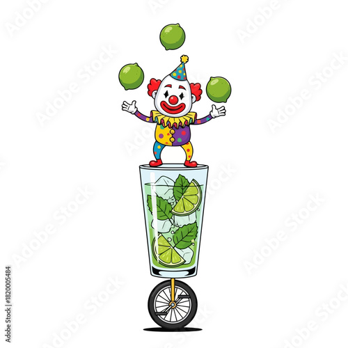Cartoon clown juggling green apples in a glass with a unicycle wheel