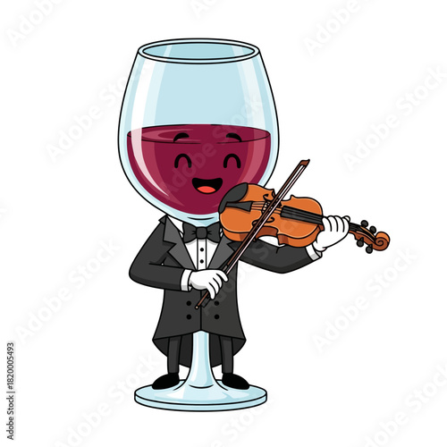 Cartoon wine glass with a face playing a violin in a tuxedo