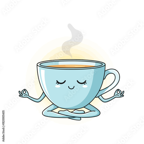 A cute animated coffee cup with arms and legs meditating and smiling