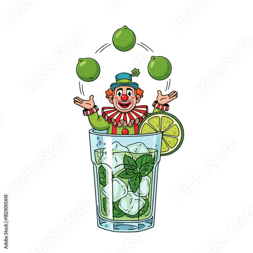 Cartoon clown juggling limes in a cocktail glass with ice and mint, festive and fun illustration