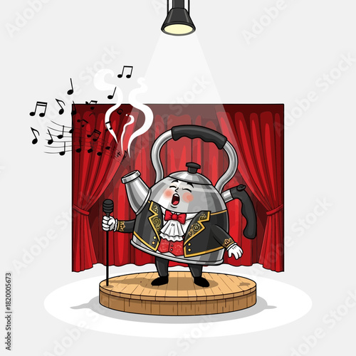 Cartoon teapot in a tuxedo singing on stage with musical notes and a spotlight