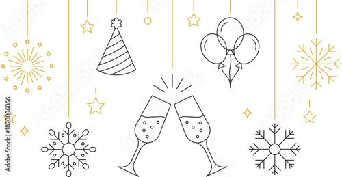 Happy New Year Hanging Ornaments Line Art With Gold Accents Minimalist Champagne Celebration, Fireworks, Balloons and Snowflakes Vector Wide Banner Design