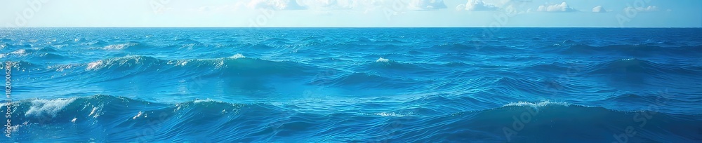 Obraz premium Vast, cerulean expanse of the open ocean, waves gently rolling under a clear sky Sunlit surface reveals subtle textures and deep blue hues Untouched beauty of the natural world , tranquil, calm