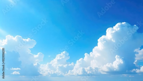 Vast expanse of a brilliant blue sky, fluffy white clouds drift lazily, creating a serene and peaceful atmosphere Perfect for backgrounds, travel, and nature projects , day, low clouds