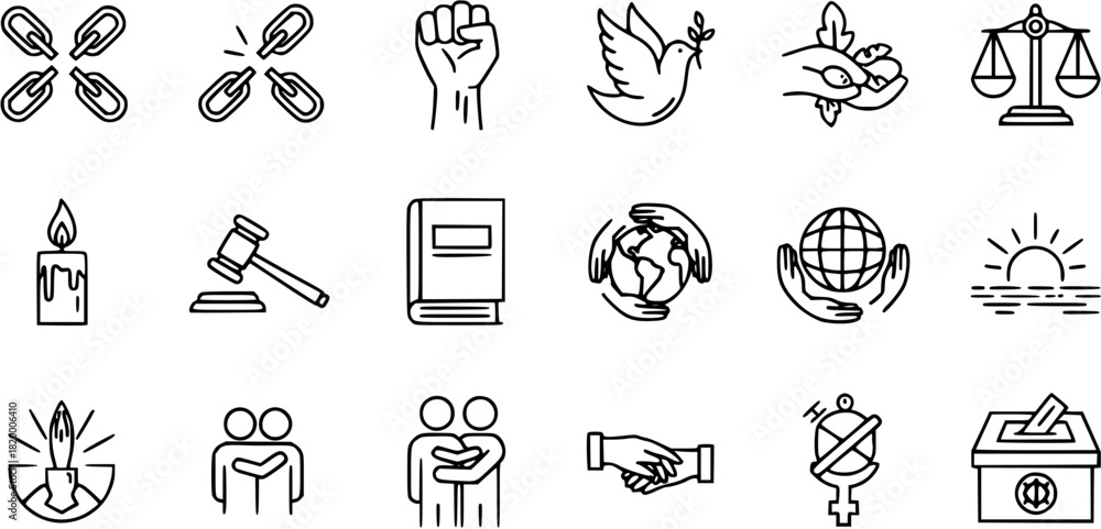 Fototapeta premium Human Rights, Justice Peace Line Icons Set: Freedom, Equality, Law, Global Solidarity, Democracy, Environment Social Issues Symbols