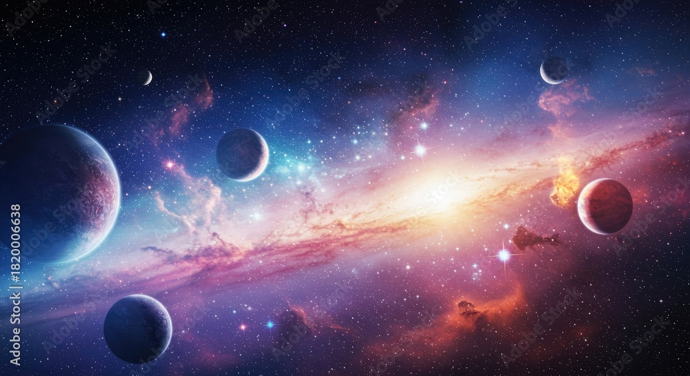 Obraz premium Vibrant nebulae and planets illuminate a cosmic expanse, hinting at distant worlds and the vast unknown