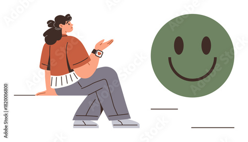 Casual-seated woman gesturing towards a large green happy face. Ideal for communication, positivity, mindfulness, emotional intelligence, motivation, relationships, self-expression. Simple flat