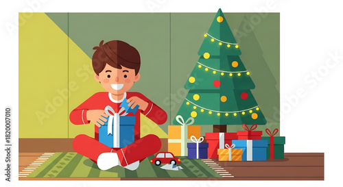 Boy opening Christmas gift near decorated Christmas tree