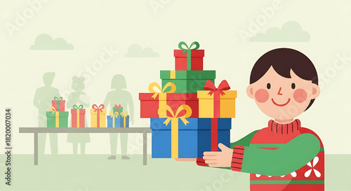 Festive Giving Illustration: Holiday Presents and Cheerful Character