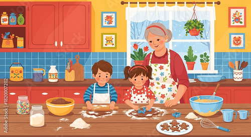 Grandma Baking Cookies with Grandchildren in Kitchen Illustration