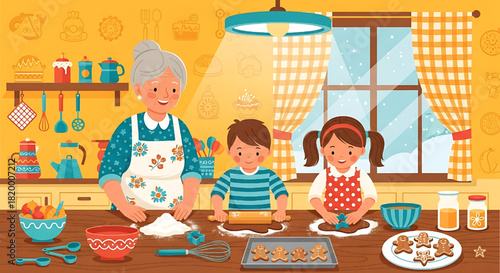 Grandmother and children baking cookies holiday season