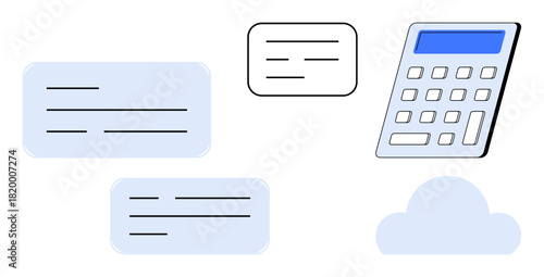 Calculator with digital display, three notes of varied sizes, and a cloud, symbolizing data, calculations, and connectivity. Ideal for business, finance, collaboration organization technology