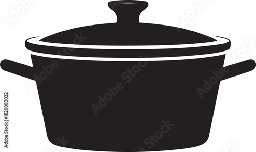 Black and white silhouette of a cooking pot with lid and handles on a white background