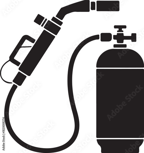 Black and white silhouette of a portable gas torch with a connected cylinder welding cutting
