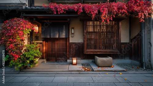 古い町家に絡む紅葉と蔦が彩る静かな路地の秋の夕暮れ