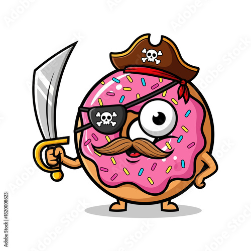 Cute cartoon pirate donut with a sword, eye patch, and sprinkles, standing confidently with a happy expression