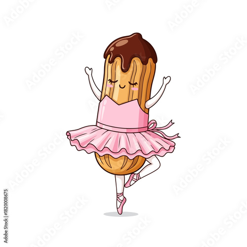 Cute cartoon donut in a pink ballet tutu dancing on pointe shoes