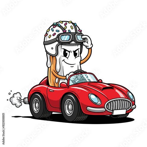 Cartoon character with helmet driving a red sports car, smiling and wearing sunglasses