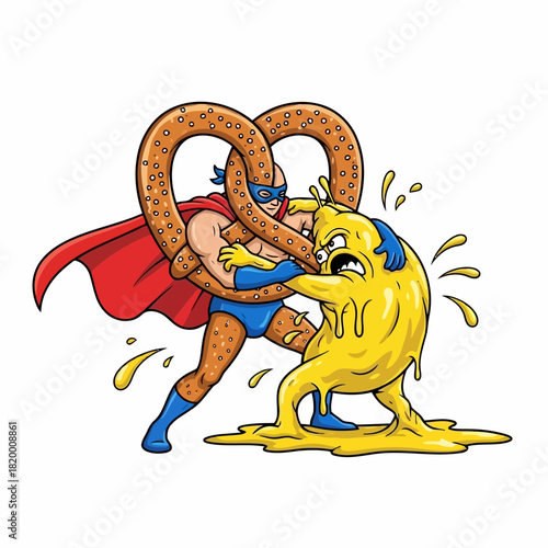 Cartoon superhero fighting a giant yellow mustard bottle with a pretzel in the background