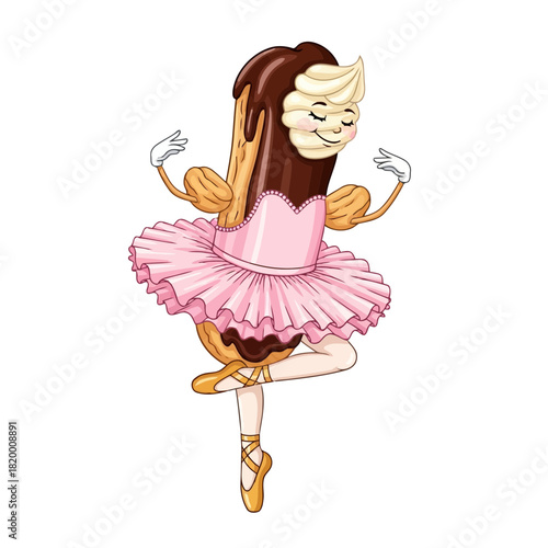 Cartoon ballerina with brown hair and pink tutu dancing in ballet shoes