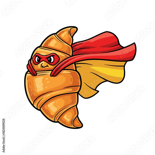 A cartoon croissant with a red cape and goggles flying in the air, illustrated in a playful and whimsical style
