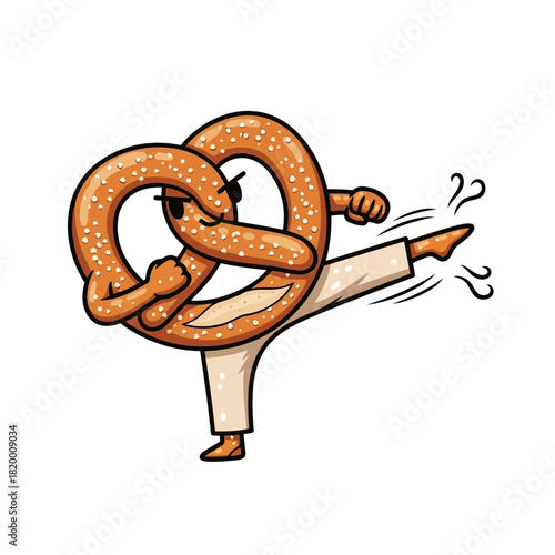 Cartoon pretzel kicking with a pencil, whimsical illustration of a pretzel character kicking a pencil, fun and playful scene