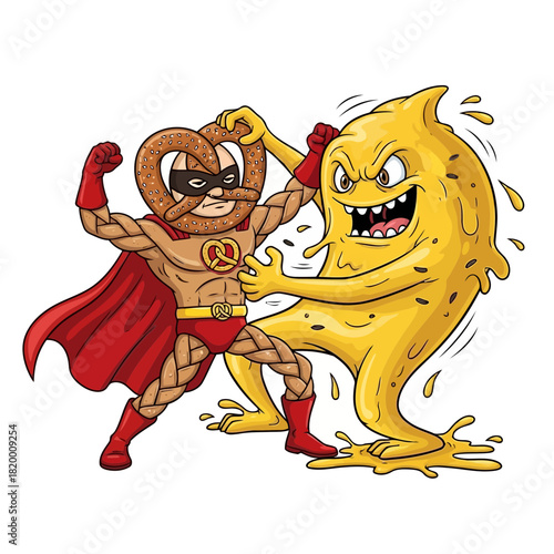 Cartoon superhero fighting a yellow monster with a cape and mask in a dynamic battle scene