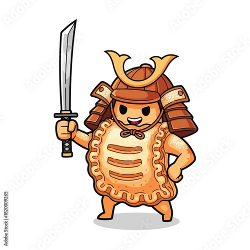 Cute cartoon samurai warrior with a sword and armor standing confidently, illustrated in a playful and colorful style