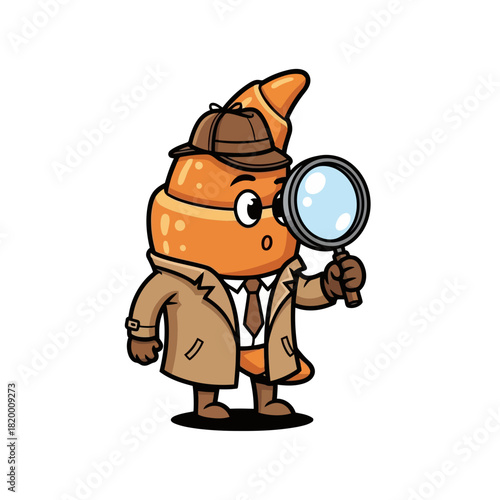 Cartoon detective character with a magnifying glass and a hat, looking curious and ready to solve mysteries