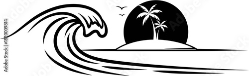 Stylized black and white illustration of a breaking ocean wave with a tropical island and palm trees silhouetted against a setting sun.