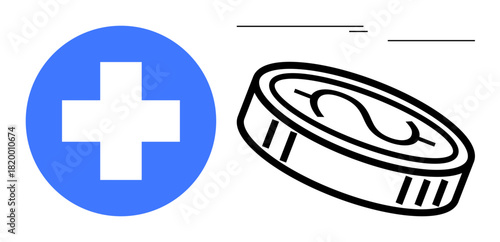 Blue cross representing healthcare next to a flying dollar coin, symbolizing health funding, financial planning, support, investment, insurance, budget management, and cost efficiency. Simple flat