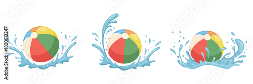 Beach ball in water splash. Inflatable ball for playing in swimming pool and on vacation. Liquid splashes from a dropped object. Red white green blue yellow children's toy.