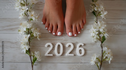 Beautiful pedicure with white nails surrounded by flowers and the year 2026 in a bright setting beauty salon workshop