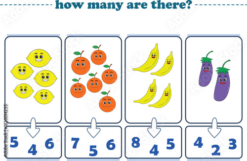 Counting game of fruits for preschool kids. Printable. Vector Illustration