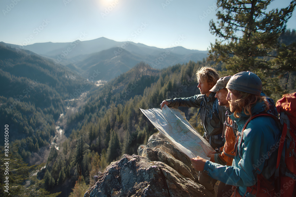 Naklejka premium Group of Hikers checking route on map