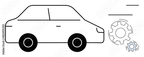 Car outline with rotating gears symbolizing innovation, technology, and mechanical processes. Ideal for automotive repair, engineering, transport, automation, teamwork, production simple flat