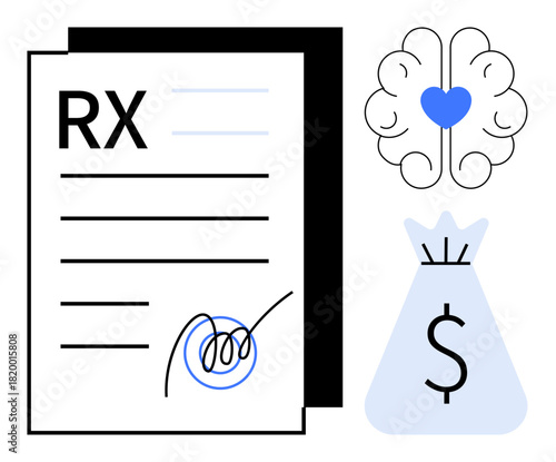 RX prescription sheet with signature, brain icon symbolizing mental health, and money bag representing financial aspects. Ideal for healthcare, finance, therapy, insurance, medical billing