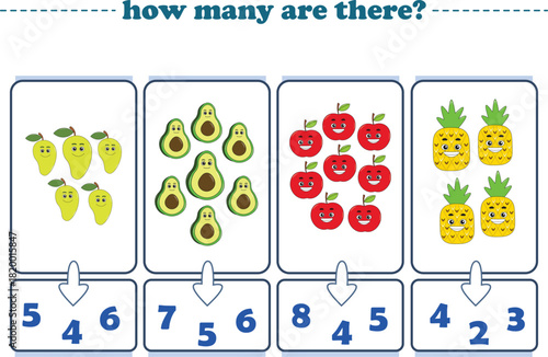Counting game of fruits for preschool kids. Printable. Vector Illustration