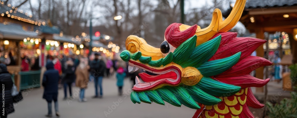 Fototapeta premium Vibrant chinese dragon lantern at festive market