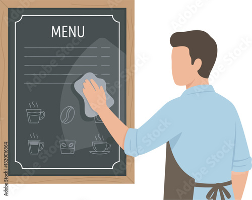 A person wearing an apron cleaning a chalkboard menu with a cloth.