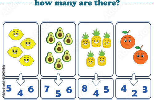 Counting game of fruits for preschool kids. Printable. Vector Illustration
