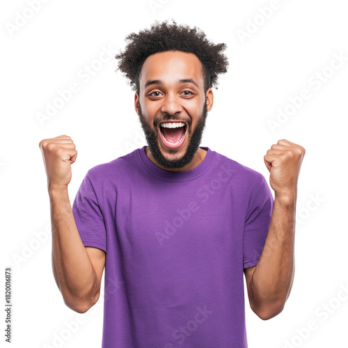 Excited Young Man in Purple T-Shirt Celebrating Success, Studio Portrait on Transparent Background