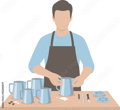 A faceless barista in an apron prepares coffee with pitchers and tools on a wooden counter.