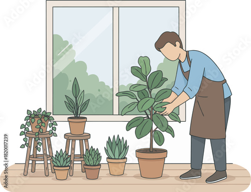 Man tending to houseplants in pots by a window, wearing an apron.
