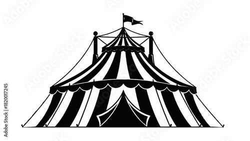 Vector illustration of black and white illustration of a classic circus big top tent with striped canvas and a flag on top, isolated on transparent background