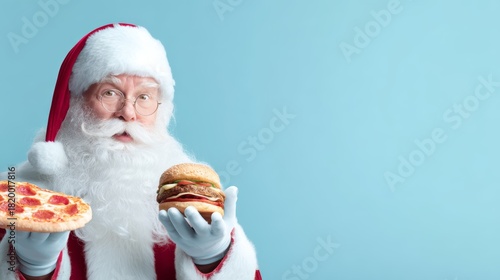 Fototapeta Naklejka Na Ścianę i Meble -  Santa Claus holds a pizza in one hand and a burger in the other. He has a white beard, red suit, and a cheerful expression. Blue background with copy space.