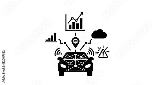 Vector illustration of connected car concept with data analysis, gps tracking, cloud service, and warning system icons isolated on transparent background