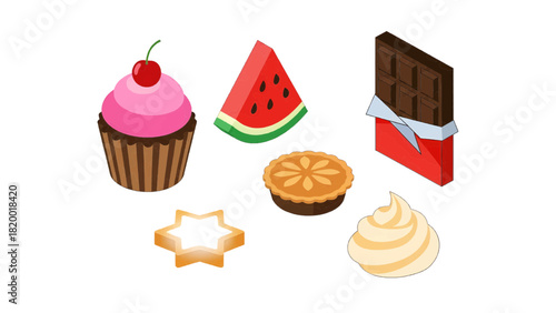 Vector illustration of isometric collection of various sweet dessert icons including cupcake, watermelon slice, pie, cookie, and chocolate bar isolated on transparent background
