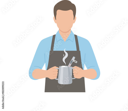 A barista holds a steaming pitcher, preparing coffee with a frothing wand.
