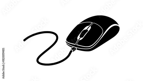 Vector illustration of black and white illustration of a computer mouse with a cord, isolated on transparent background